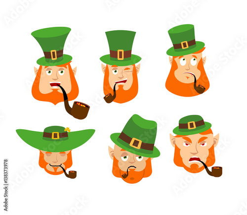 Leprechaun Emoji set. Happy and Sad. Angry and sleeping. surprised and winks. Dwarf with red beard. Irish elf emotions. St.Patrick 's Day. Holiday in Ireland