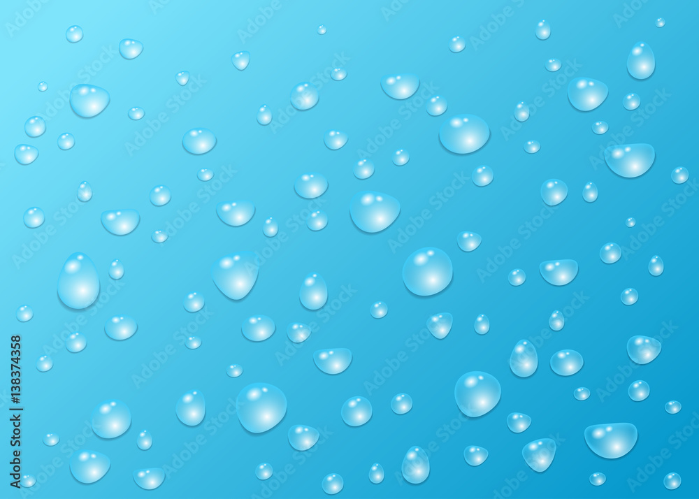 Drops of pure clear water isolated on a blue background.