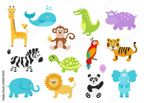 Fototapeta Naklejka Na Ścianę i Meble -  Set of cute cartoon  animals for baby  clothes, alphabet cards.