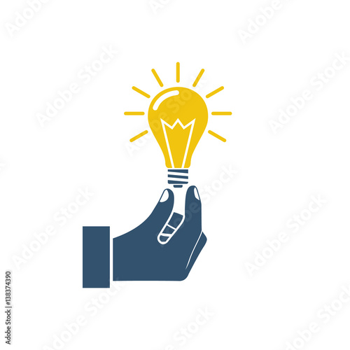 Lightbulb holding hand concept silhouette. Business idea icon, solution innovative technology. Creative idea, yellow light pictogram. Vector flat style design. Electric lamp in hand. Invention