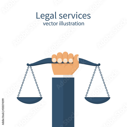Weight scales justice hold in hand judge. Civil rights. Law and justice concept. Vector abstract illustration flat design. Isolated on background. Legal services.