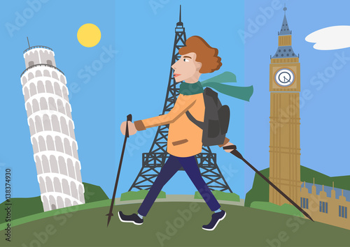 cartoon man with walking poles against europe attractions