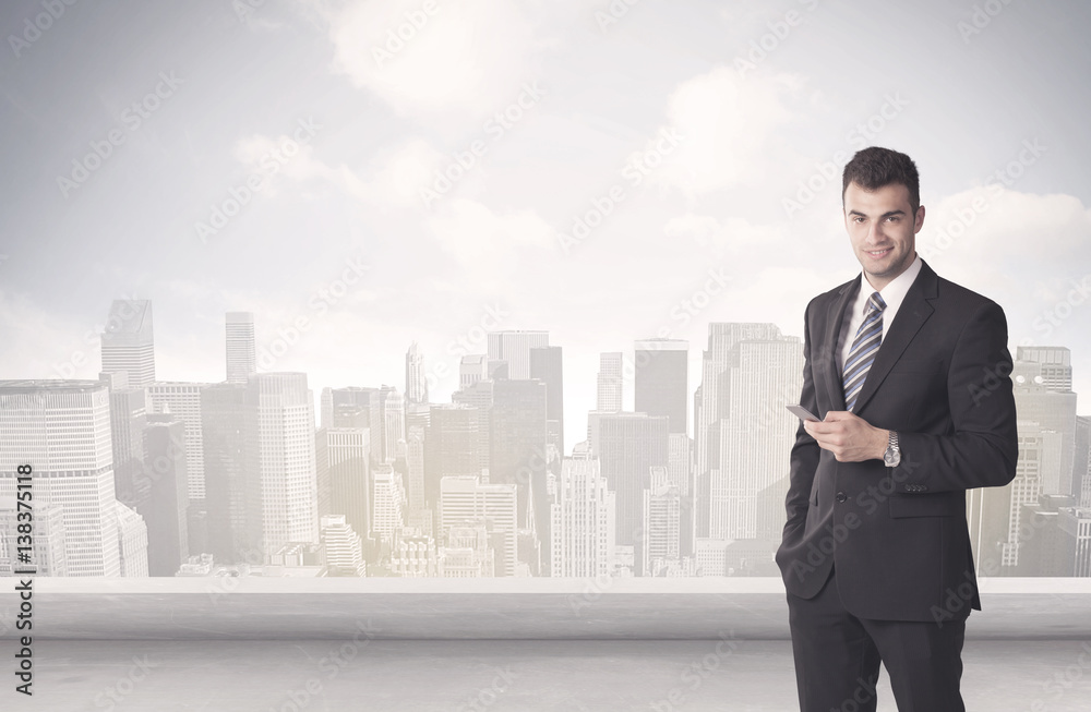Sales person talking in front of city scape Sales person talking in front of city scape
