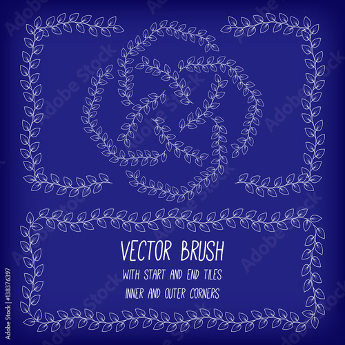 Vector brush with inner and outer corners, start and end tiles. Leaves on branch. Perfect for round and rectangular frames, for separate decorative elements. Example using.