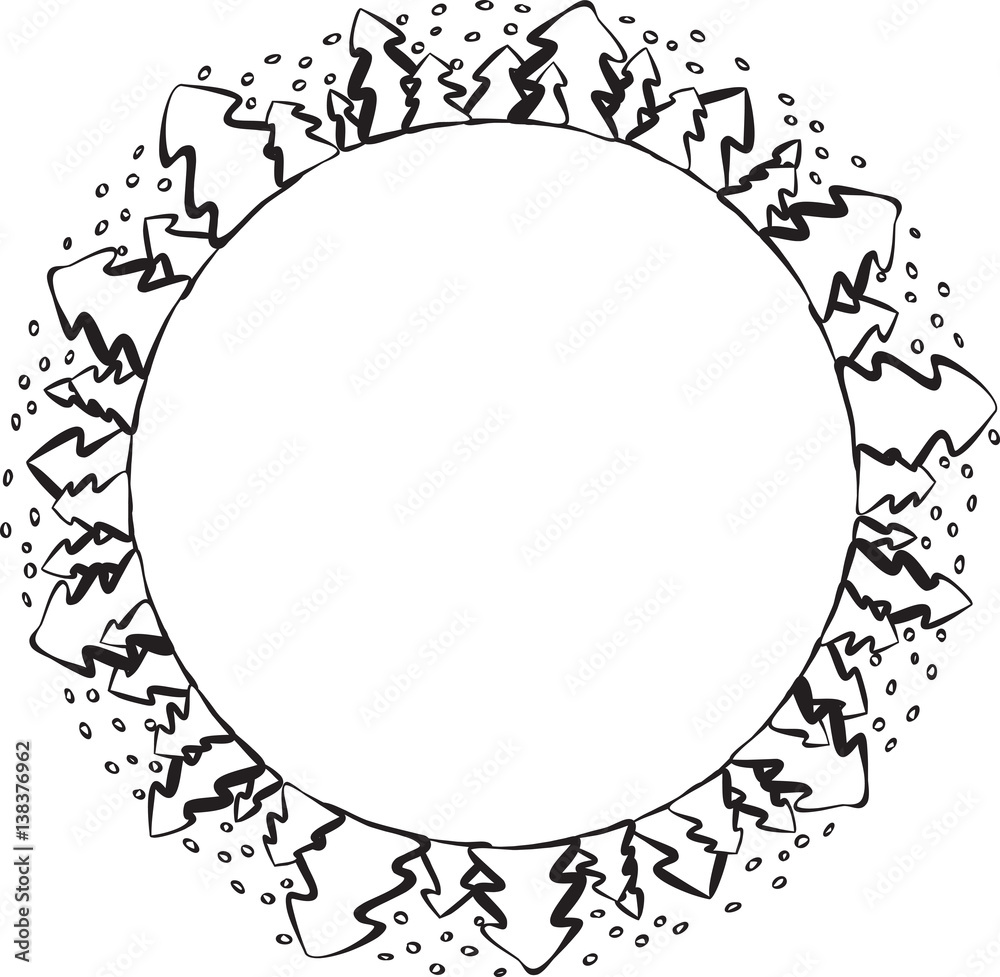 Black and white round frame with fir forest and snowing. Vector illustration. Black and white round frame with fir forest and snowing. Vector illustration.