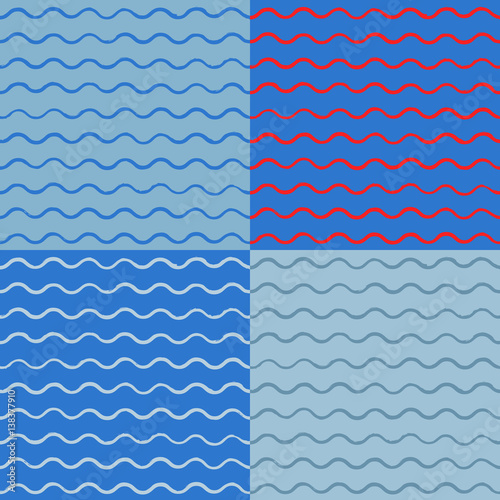 Vector art collection of simple seamless backgrounds with hand-drawn waves on a blue background. For design greeting cards, textiles, ornaments in a nautical theme.