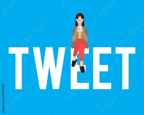 Woman using social media on mobile phone on tweet word