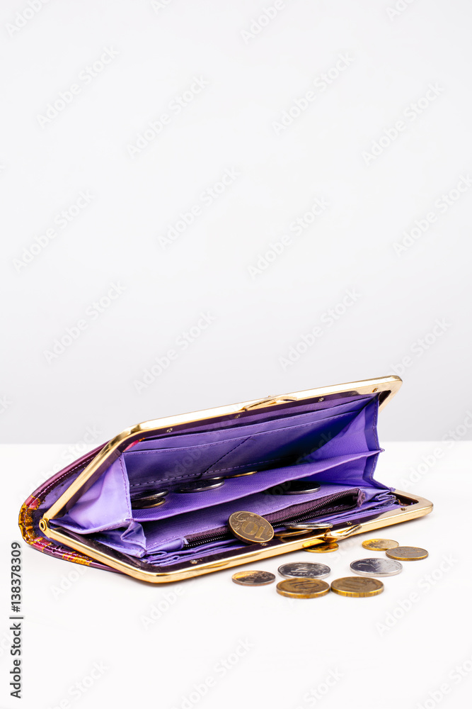 Open purse and coins. Gray background. Open purse and coins. Gray background.