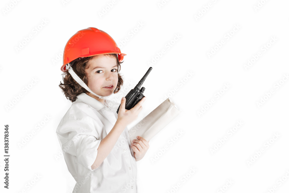 Little cute engineer said on the radio. White background. Little cute engineer said on the radio. White background.