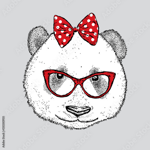 Fototapeta Naklejka Na Ścianę i Meble -  Cute Panda with glasses and a bow. Vector illustration.