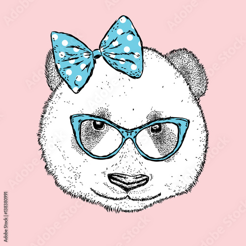 Fototapeta Naklejka Na Ścianę i Meble -  Cute Panda with glasses and a bow. Vector illustration.