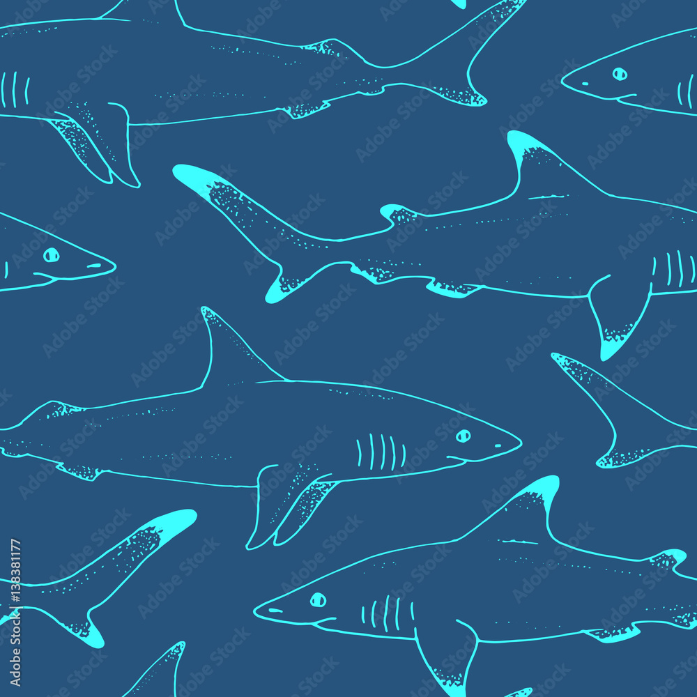 Fototapeta premium Seamless pattern with vector shark hand drawn illustration with wild sea animal. Sea life sketch with predator dangerous fish. Coloring book illustration