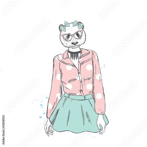 Fototapeta Naklejka Na Ścianę i Meble -  Beautiful girl - panda in a skirt and blouse. Girl with a cat head. Vector illustration.
