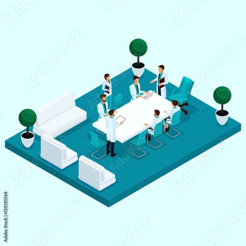 Set Trendy isometric people. Medical staff, hospital, doctor, surgeon, nurse, communication, meeting, council, meeting in the office isolated on a light background. Vector illustration