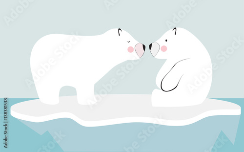 Cute polar bear couple kissing on iceberg vector. Child drawings style illustration.