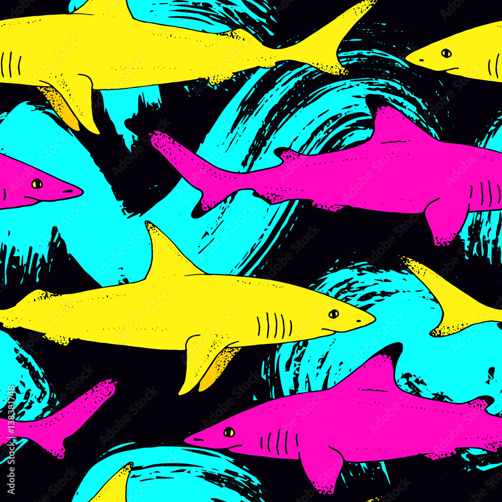 Fototapeta premium Seamless pattern with vector shark hand drawn illustration with wild sea animal. Sea life sketch with predator dangerous fish and watercolor paint splash