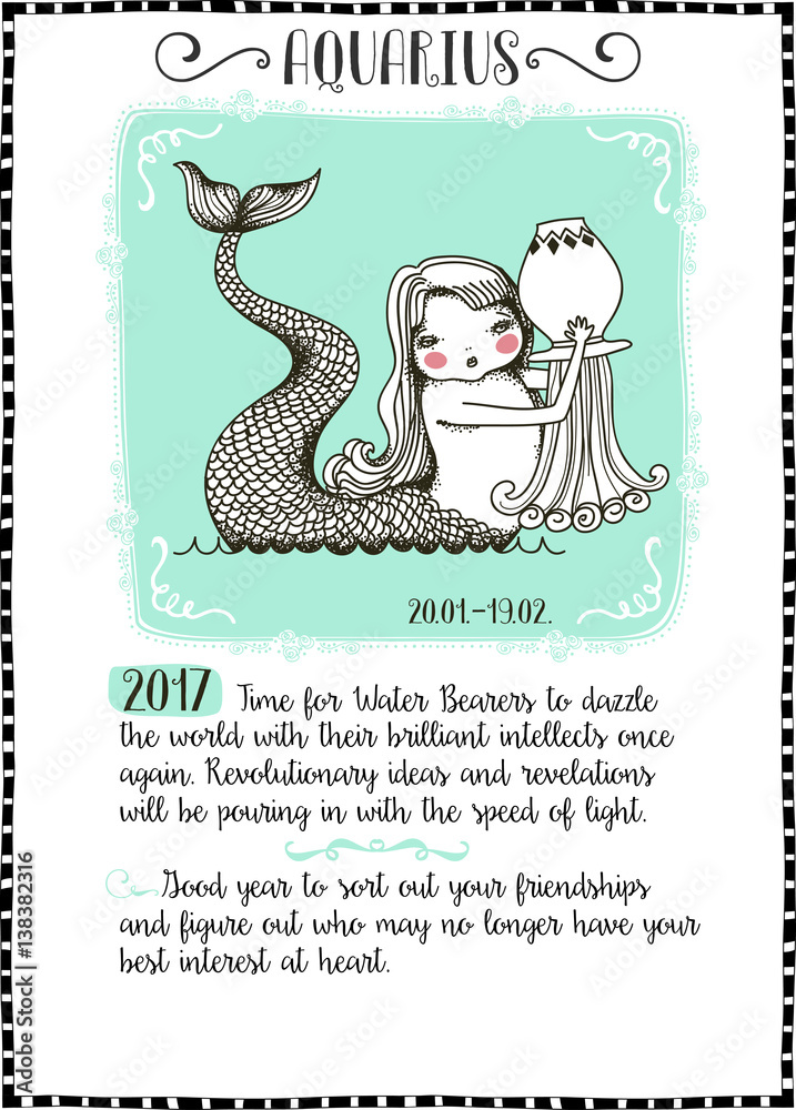 Astrological sign of Aquarius, with water-bearing mermaid and ...