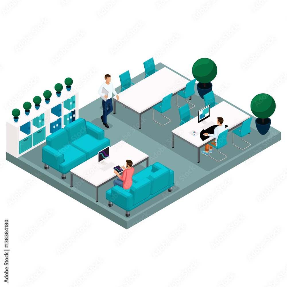 Isometric concept of coworking center. 3D people talking, meeting, working in an open office space for an office desk in a modern technique. Creative people