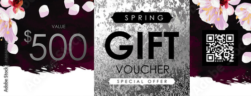 Gift certificate, Voucher, Coupon template with plum tree flowers, purple velvet and shabby white gold texture. Spring inspiration vector.