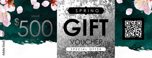 Gift certificate, Voucher, Coupon template with plum tree flowers, emerald velvet and shabby white gold texture. Spring inspiration vector.