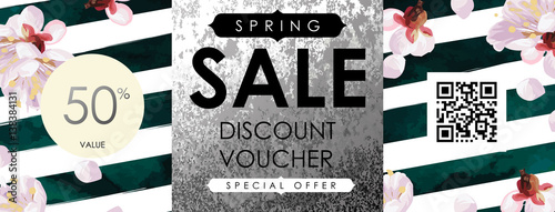 Gift certificate, Voucher, Coupon template with plum tree flowers, emerald velvet stripe pattern and shabby white gold texture. Spring inspiration vector.