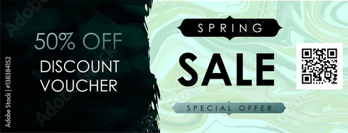 Gift certificate, Voucher, Coupon template with emerald velvet and natural green marble texture. Spring sale vector illustration.