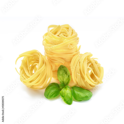 Italian pasta with basil on white background
