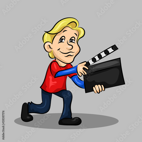 blonde boy with clapboard at the filming