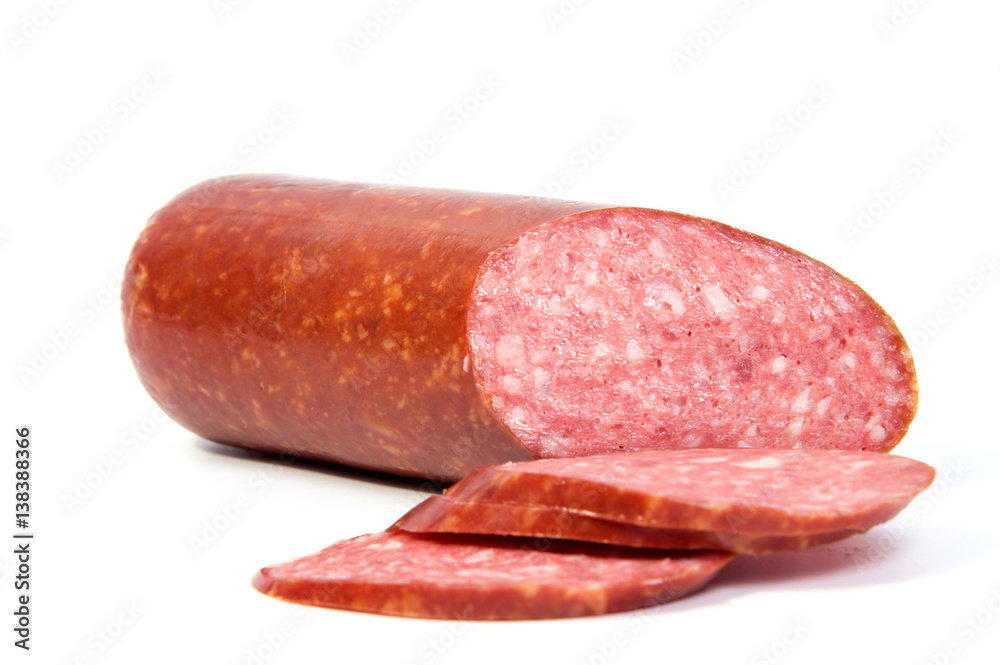 Salami smoked sausage slices isolated on white background cutout Salami smoked sausage slices isolated on white background cutout