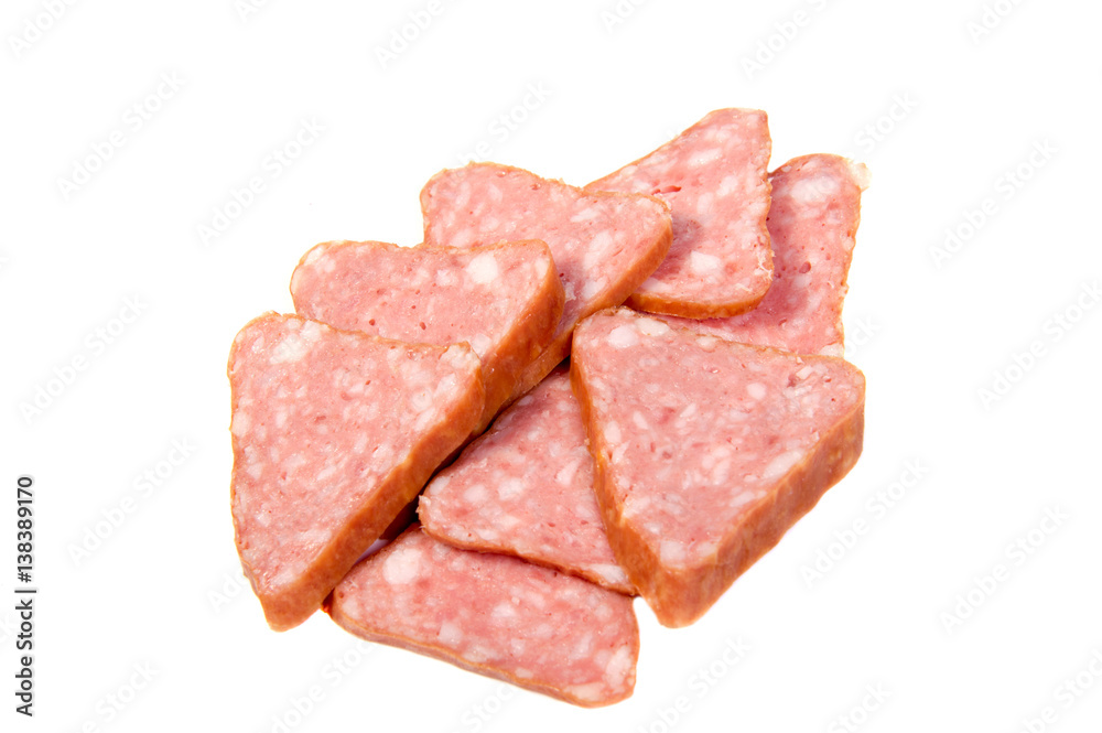 Salami smoked sausage slices isolated on white background cutout Salami smoked sausage slices isolated on white background cutout