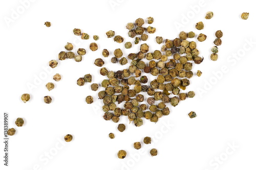  pile dry green peppercorn isolated on white , top view