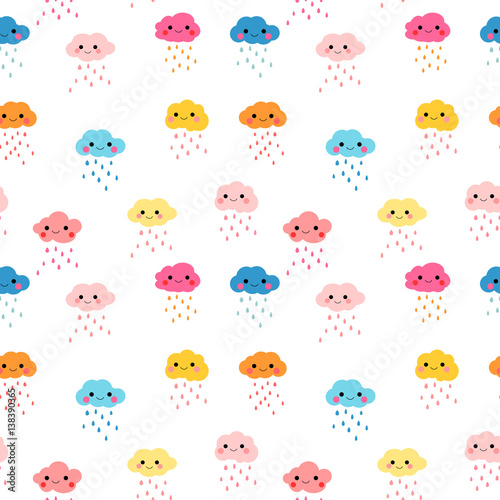 Seamless pattern background with colorful rainy clouds with smiles