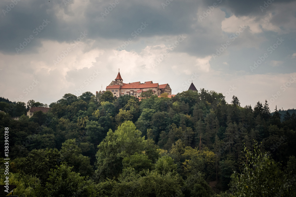 Pernstein Castle, gothic and renaissance castle in Czech Republic before the thunderstorm
