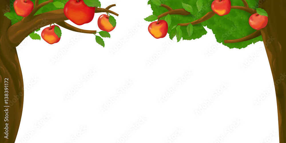 cartoon scene with apple tree on white background Stock Illustration