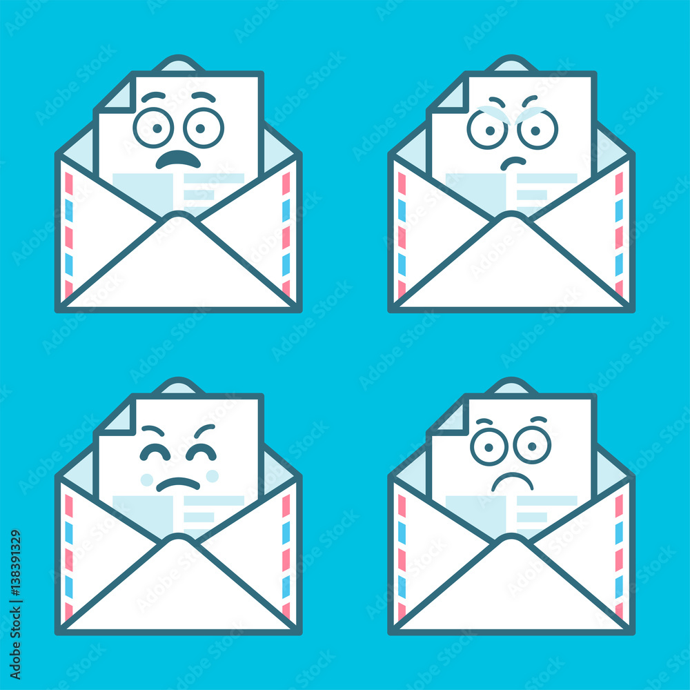 Set of emoji messages in letters. Concept of angry, sad smile. Flat style trend modern logotype graphic design on blue background