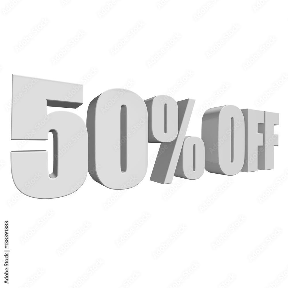 50 percent off letters on white background. 3d render isolated. 50 percent off letters on white background. 3d render isolated.