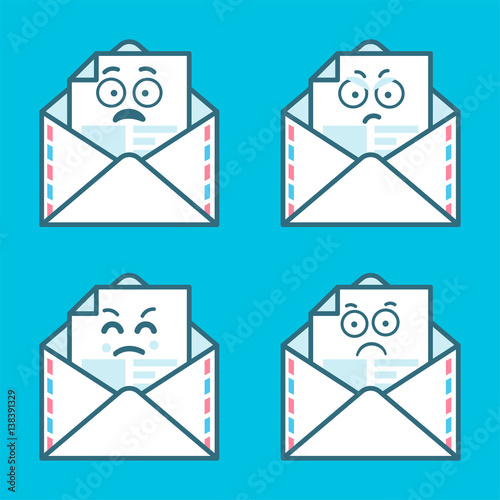 Set of emoji messages in letters. Concept of angry, sad smile. Flat style trend modern logotype graphic design on blue background