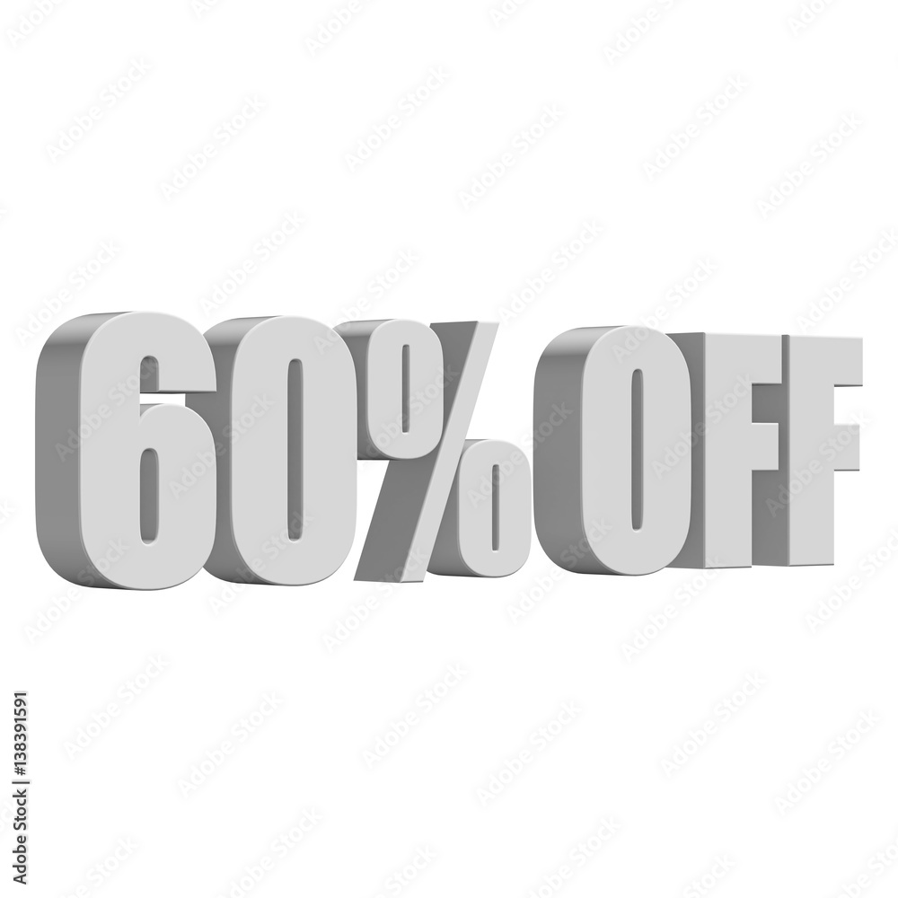 60 percent off letters on white background. 3d render isolated.