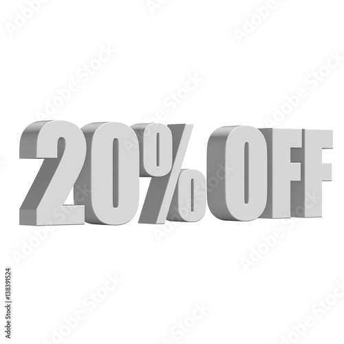 20 percent off letters on white background. 3d render isolated.