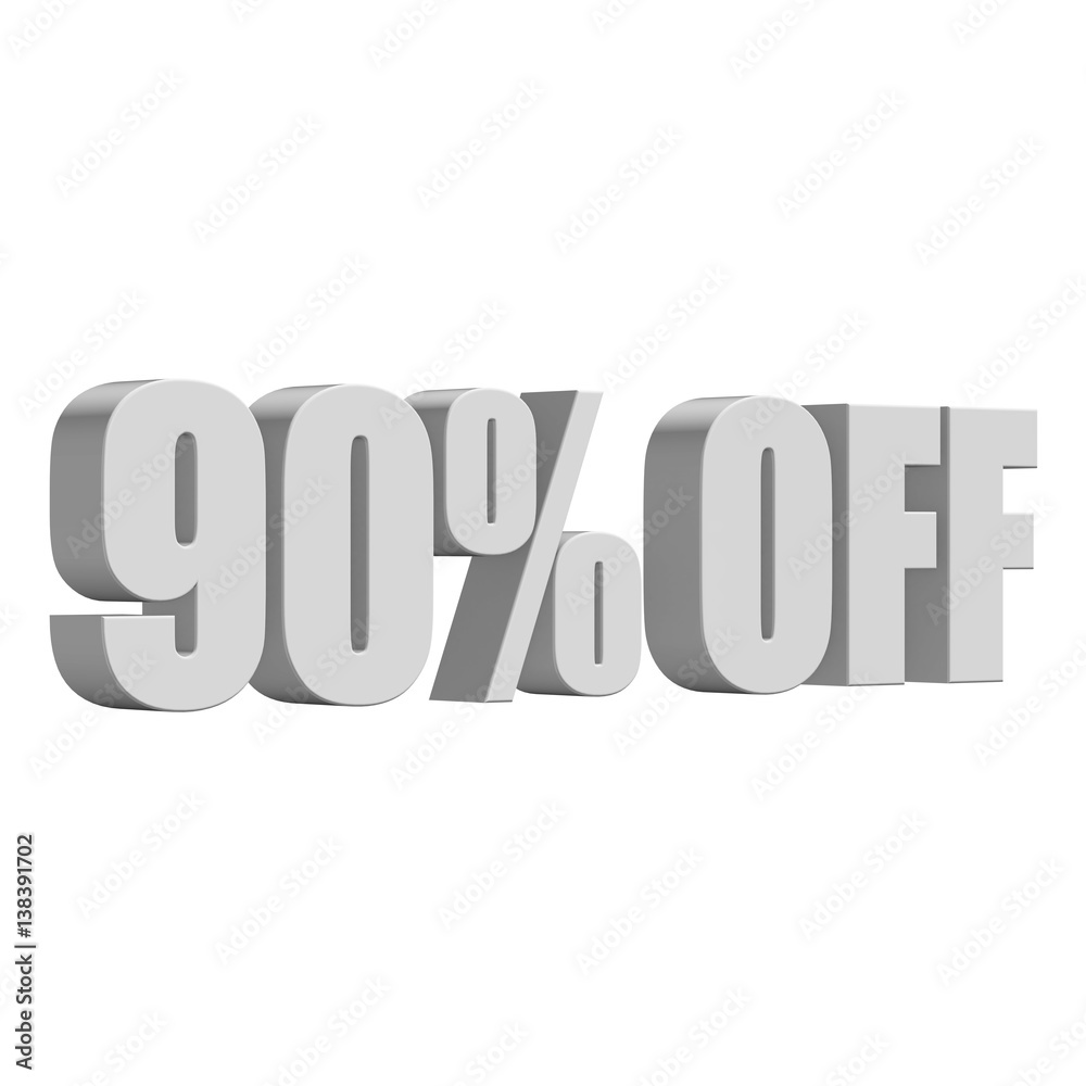90 percent off letters on white background. 3d render isolated. 90 percent off letters on white background. 3d render isolated.