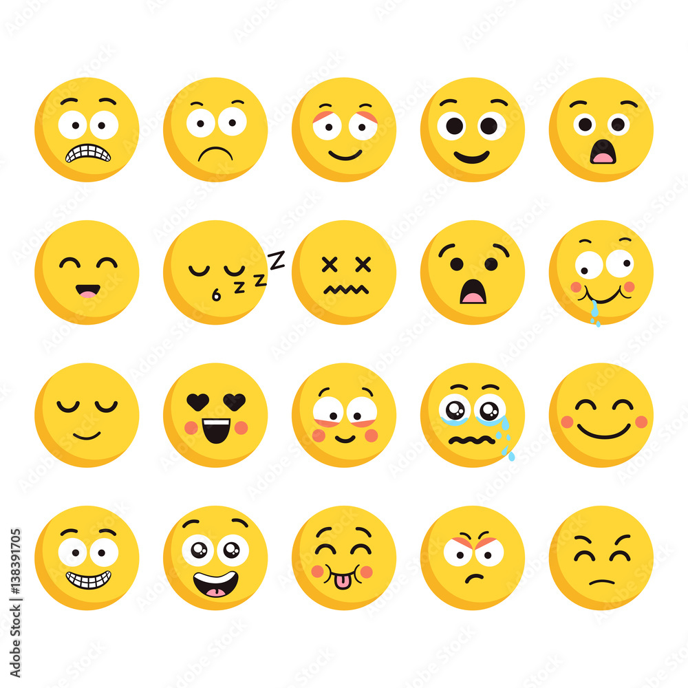 Big set of 20 high quality vector cartoonish emoticons, in flat design style. Funny different style design