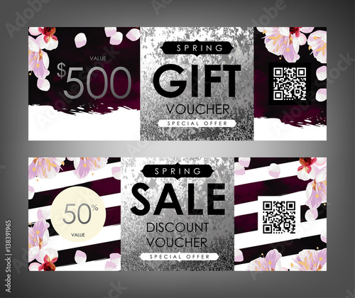 Gift certificate, Voucher, Coupon templates with plum tree flowers, purple velvet stripe pattern and shabby white gold texture. Spring inspiration vector.