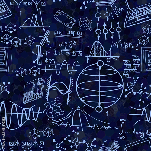 Science seamless pattern with sketch elements. Vector background with decorative formulas and graphs. Hand drawn.