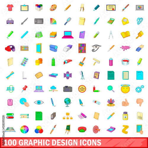 100 graphic design icons set, cartoon style