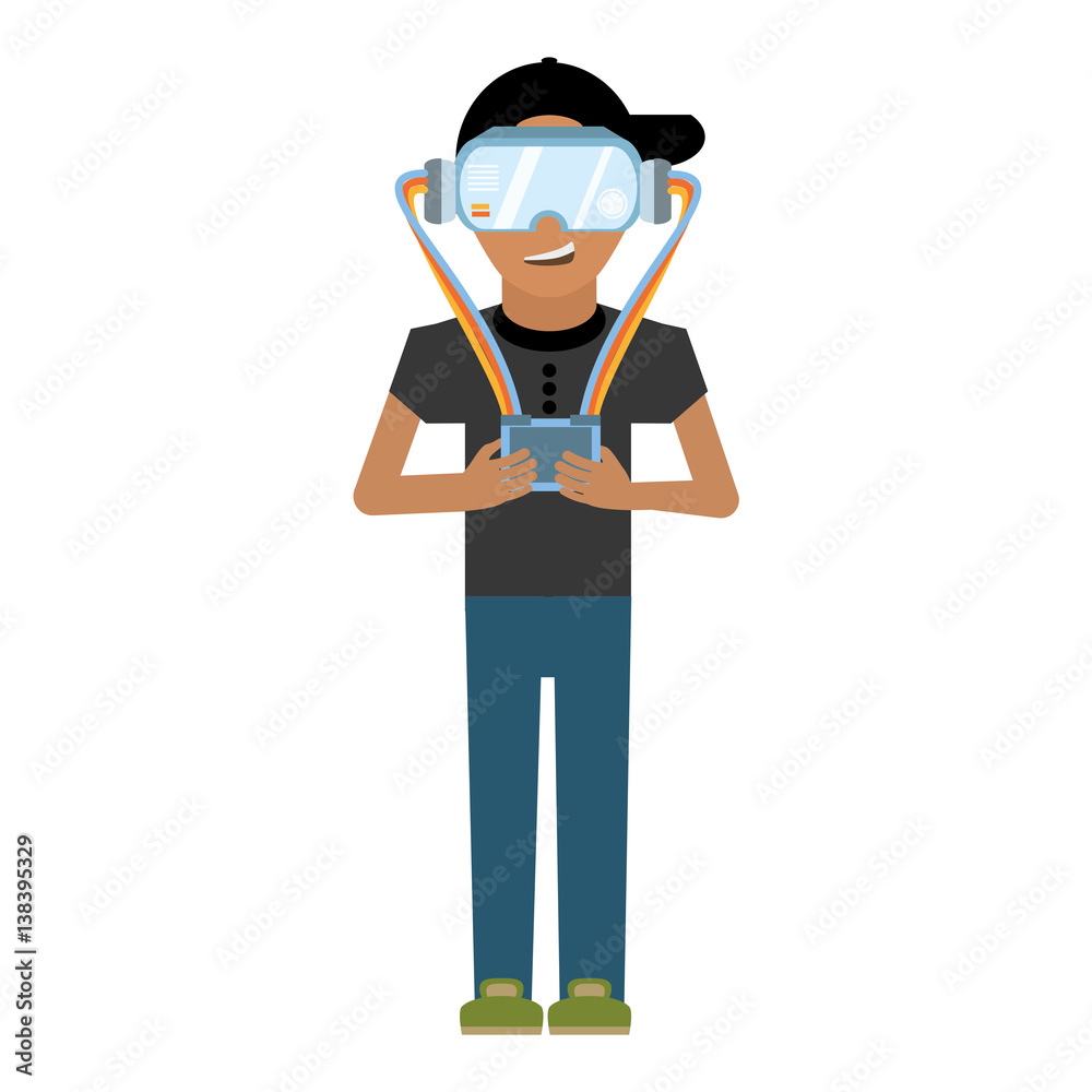 man wearing vr goggles with control vector illustration eps 10