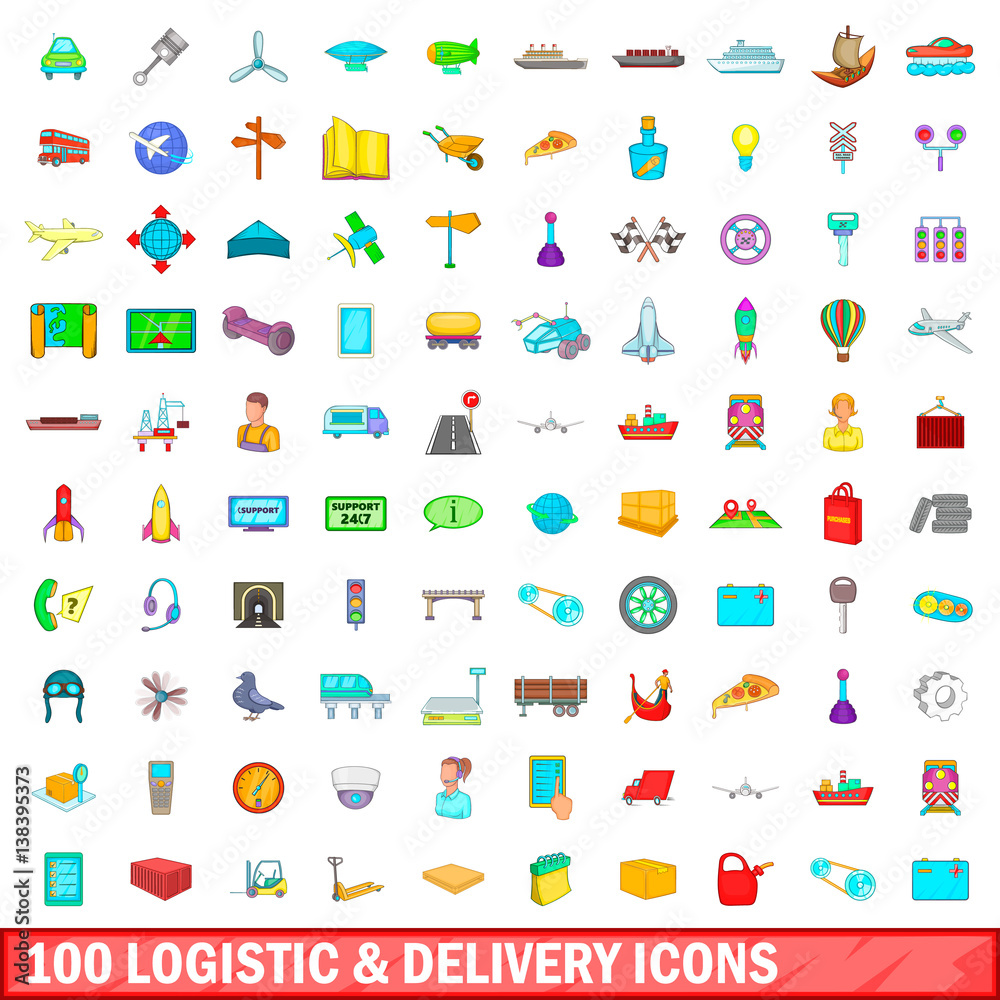 100 logistic and delivery icons set, cartoon style 100 logistic and delivery icons set, cartoon style