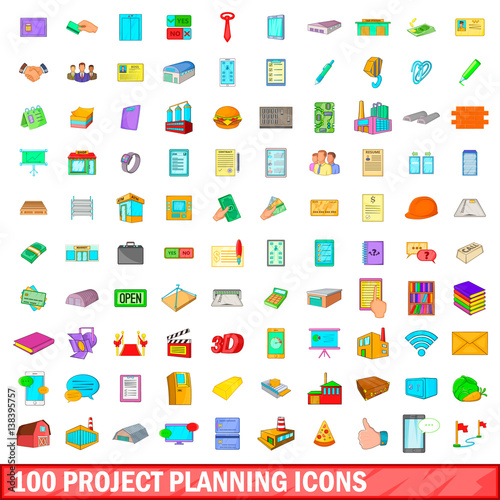 100 project planning icons set, cartoon style