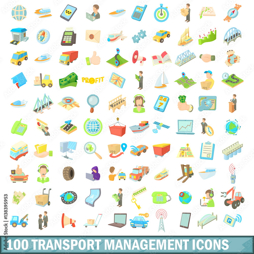 100 transport management icons set, cartoon style