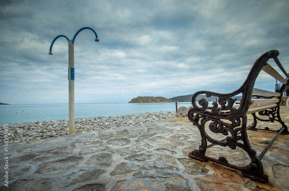 Fototapeta premium Spinalonga view from a bench in Plaka, Crete.