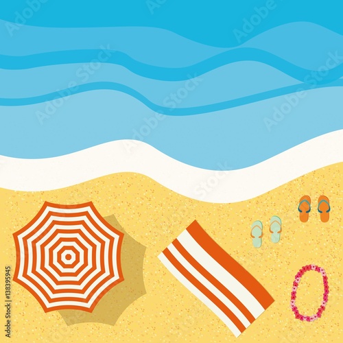 Beach with waves, umbrella, bright towel, a wreath of flowers (hibiscus). Vector. 